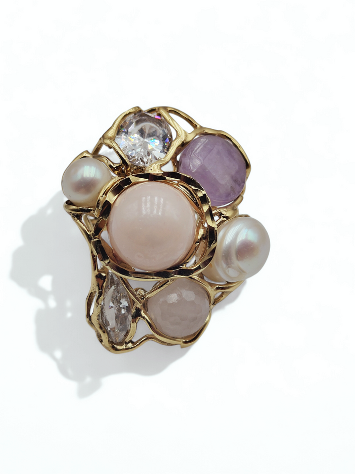 Pearl, coral, pink agate and rock crystal ring on silver