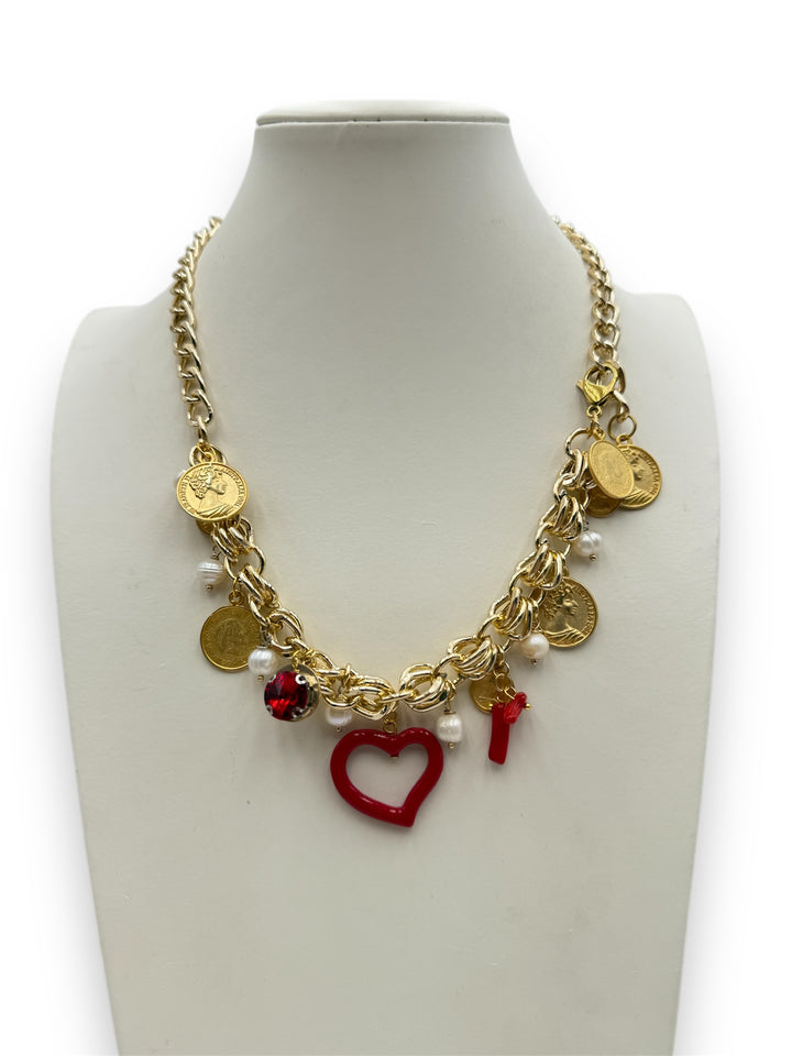 END OF COLLECTION - HEART NECKLACE WITH MAJORCA BEADS AND GOLD-PLATED STEEL MEDALLIONS - NICKEL FREE