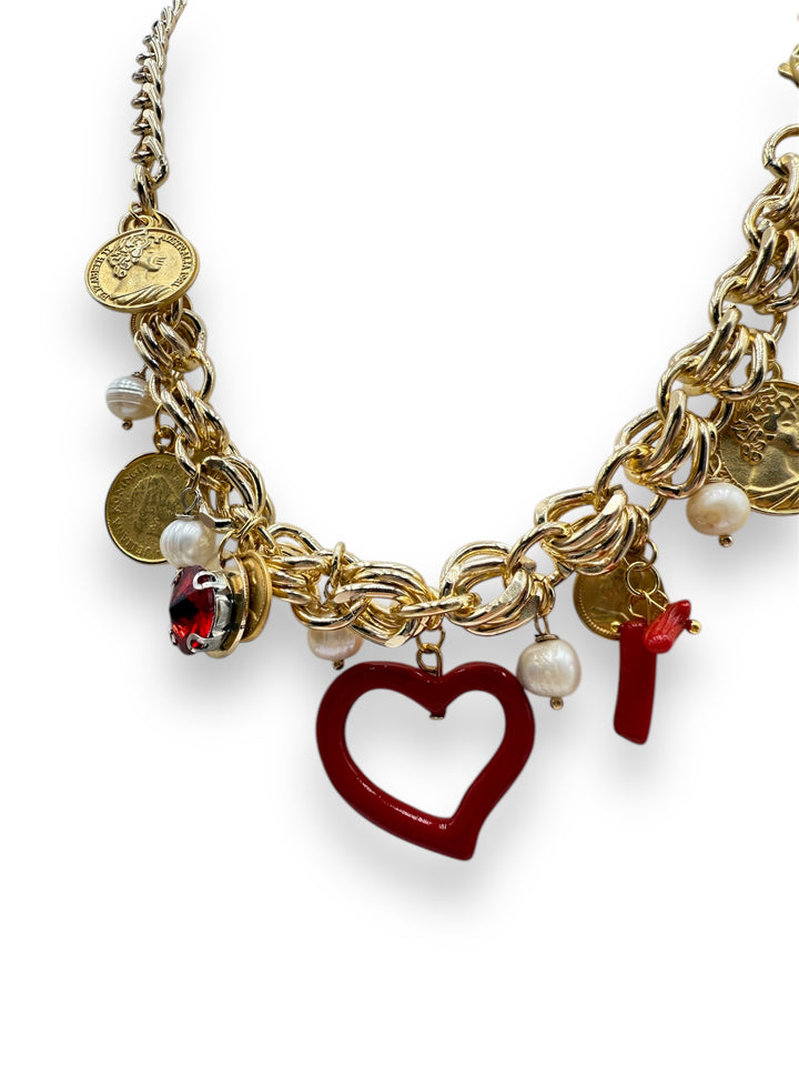END OF COLLECTION - HEART NECKLACE WITH MAJORCA BEADS AND GOLD-PLATED STEEL MEDALLIONS - NICKEL FREE