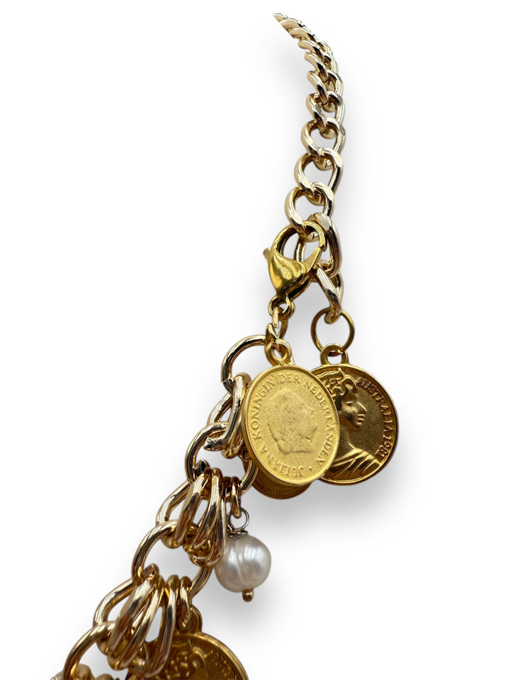 END OF COLLECTION - HEART NECKLACE WITH MAJORCA BEADS AND GOLD-PLATED STEEL MEDALLIONS - NICKEL FREE