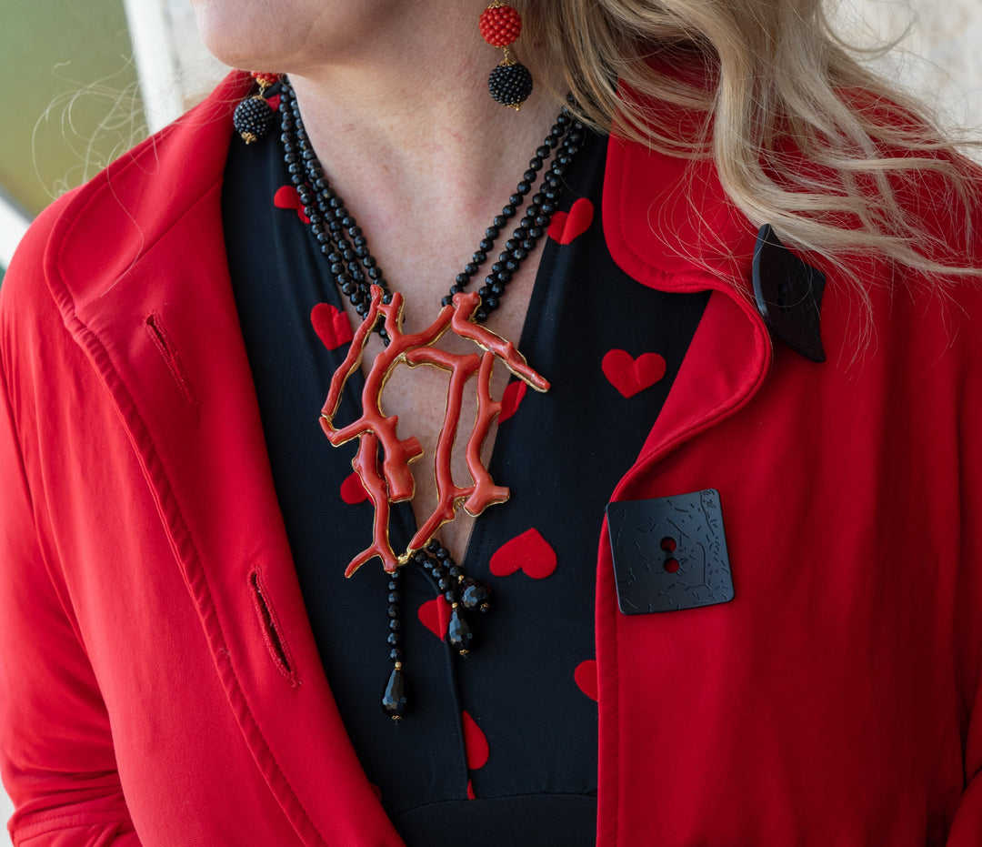 Collana ramo corallo rosso ed agata nera sfaccettata montata su argento