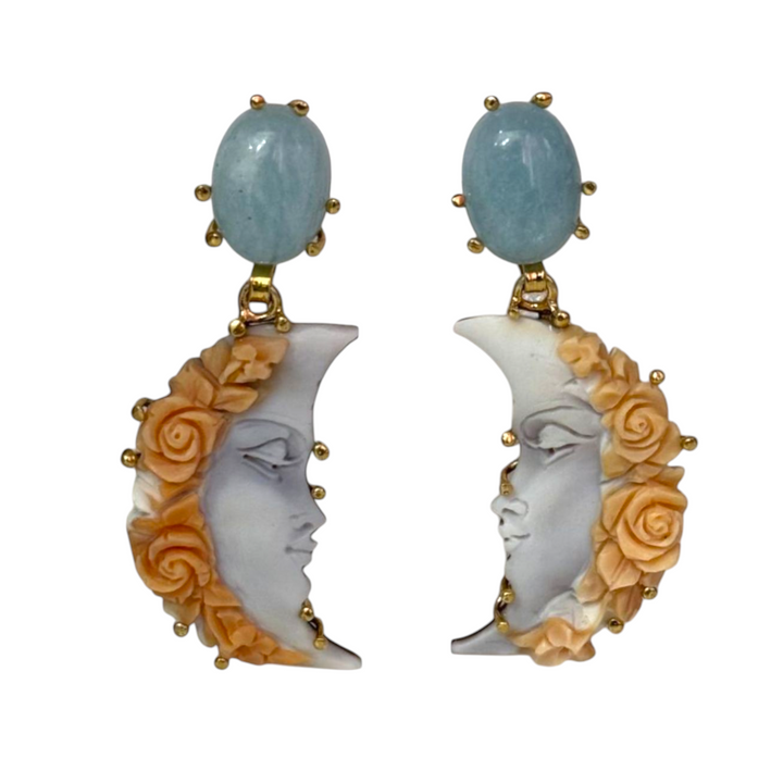 Moon earrings "cameo and aquamarine" mounted on silver