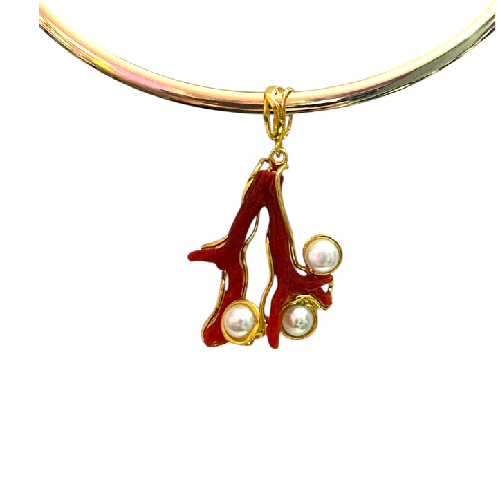 Coral branch necklace with aquamarine, pearls and malachite