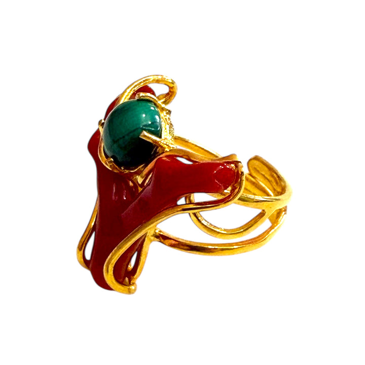 Coral ring with pearl, aquamarine and malachite set in silver