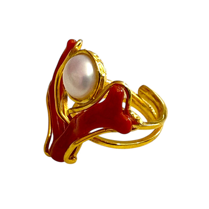 Coral ring with pearl, aquamarine and malachite set in silver