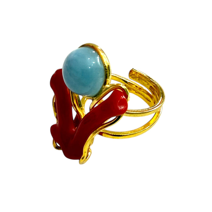 Coral ring with pearl, aquamarine and malachite set in silver