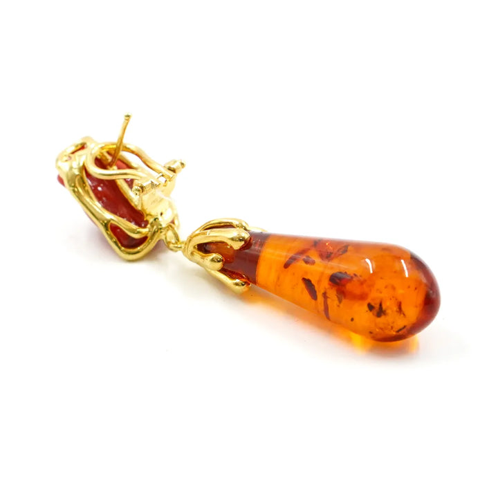 Orecchini di ambra e corallo montato su argento placcato oro