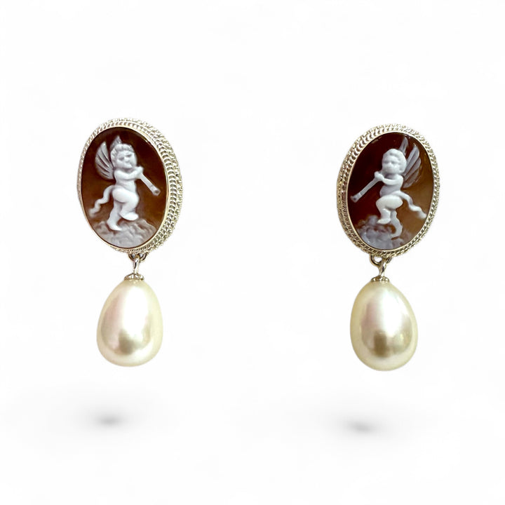 END OF COLLECTION - Dancing angel earrings in sardonyx cameo set in silver