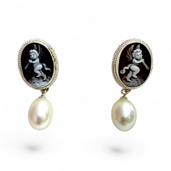 END OF COLLECTION - Dancing angel earrings in sardonyx cameo set in silver