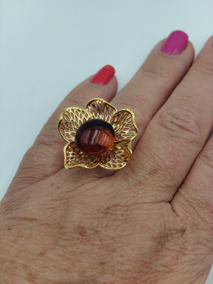 Amber flower ring mounted on gold-plated silver