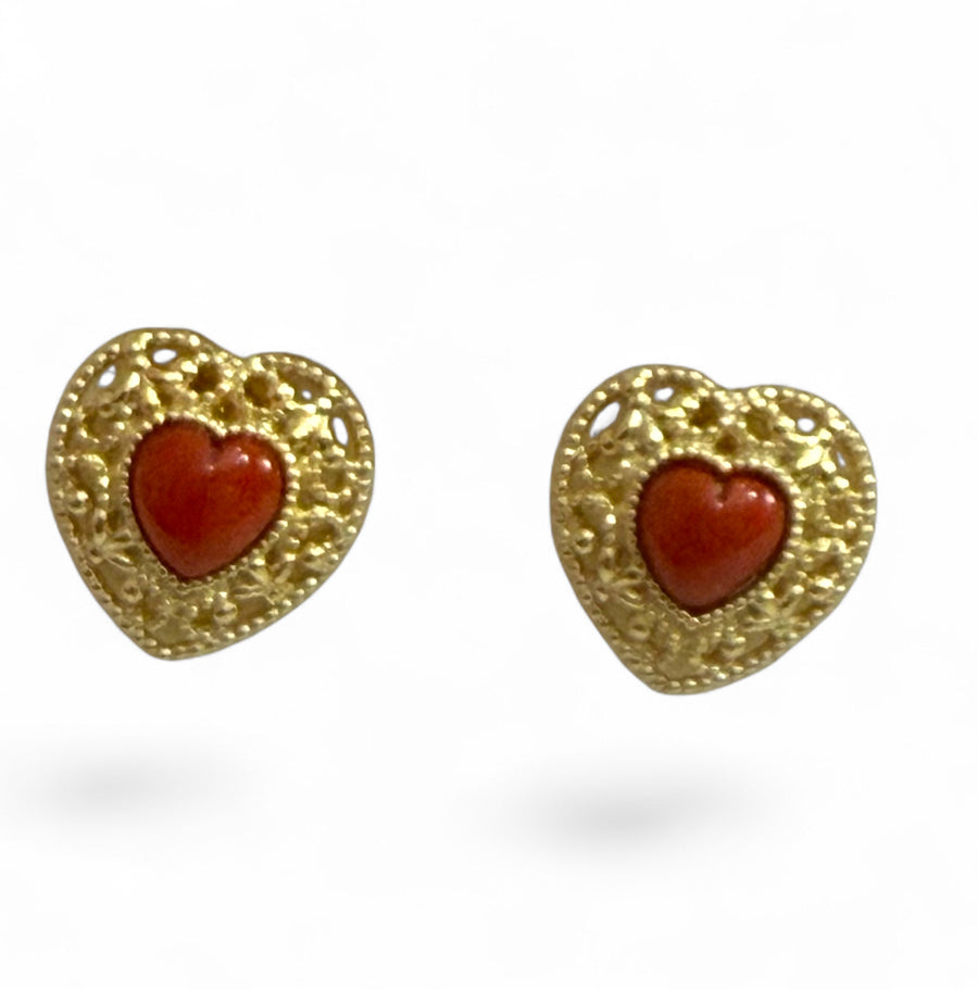 Boucles D'oreilles Pendantes Cœur En Laiton Argenté Avec Corail Rouge - Fermoir Monachella, Artisanales