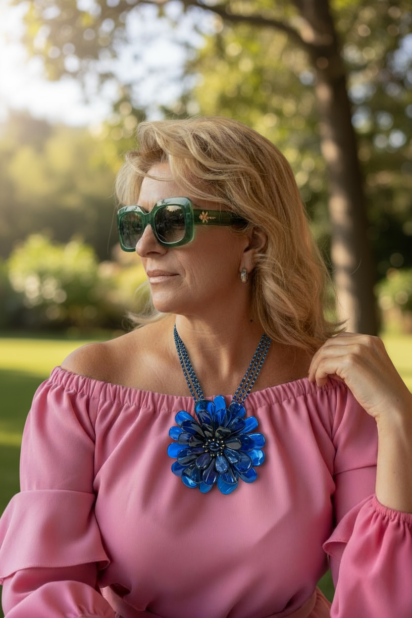 Collana Fiore Orchidea in Ambra Blu e Ematite Dorata