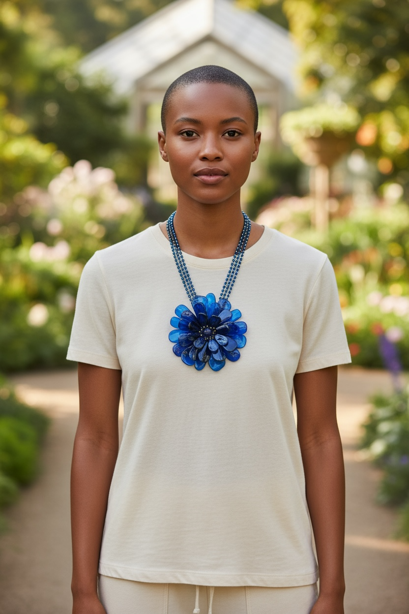 Collana Fiore Orchidea in Ambra Blu e Ematite Dorata