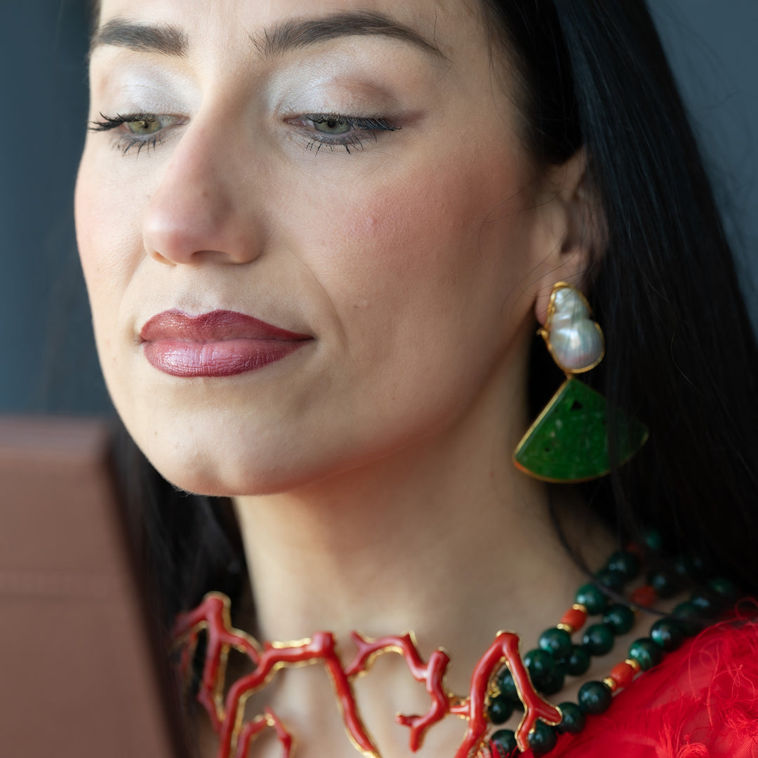 Collana malachite e ramo di corallo montato su argento