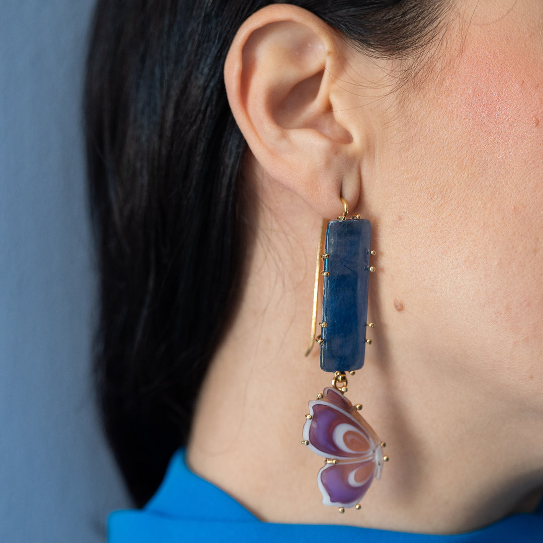 "Butterfly and Kyanite" earrings, cameo and kyanite mounted on silver