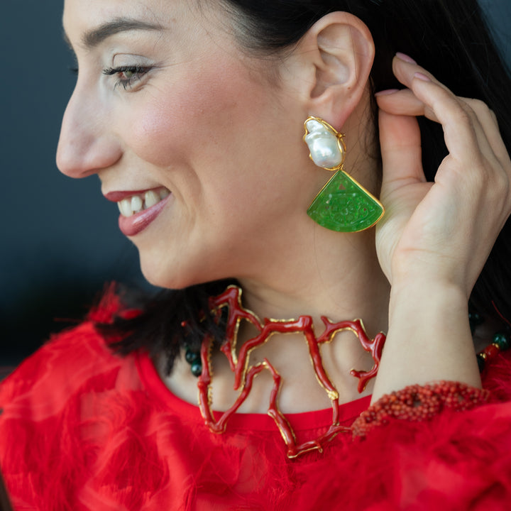 Collana malachite e ramo di corallo montato su argento