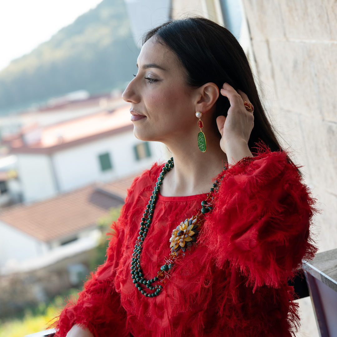 Amber, coral and malachite flower necklace mounted on silver