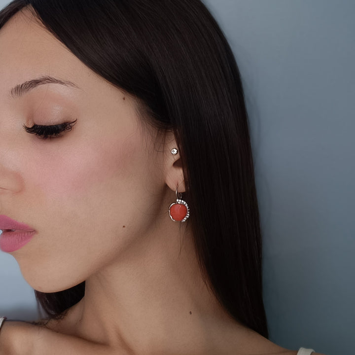 Red coral stone earrings set in silver