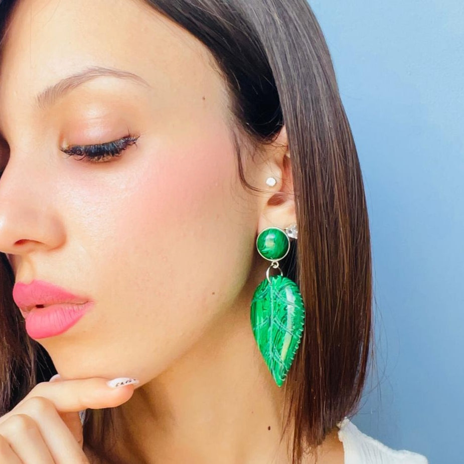 Malachite paste leaf earrings mounted on silver