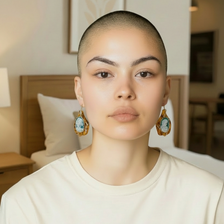 Orecchini Dea di Cammeo montati in Ambra marrone e Argento Dorato