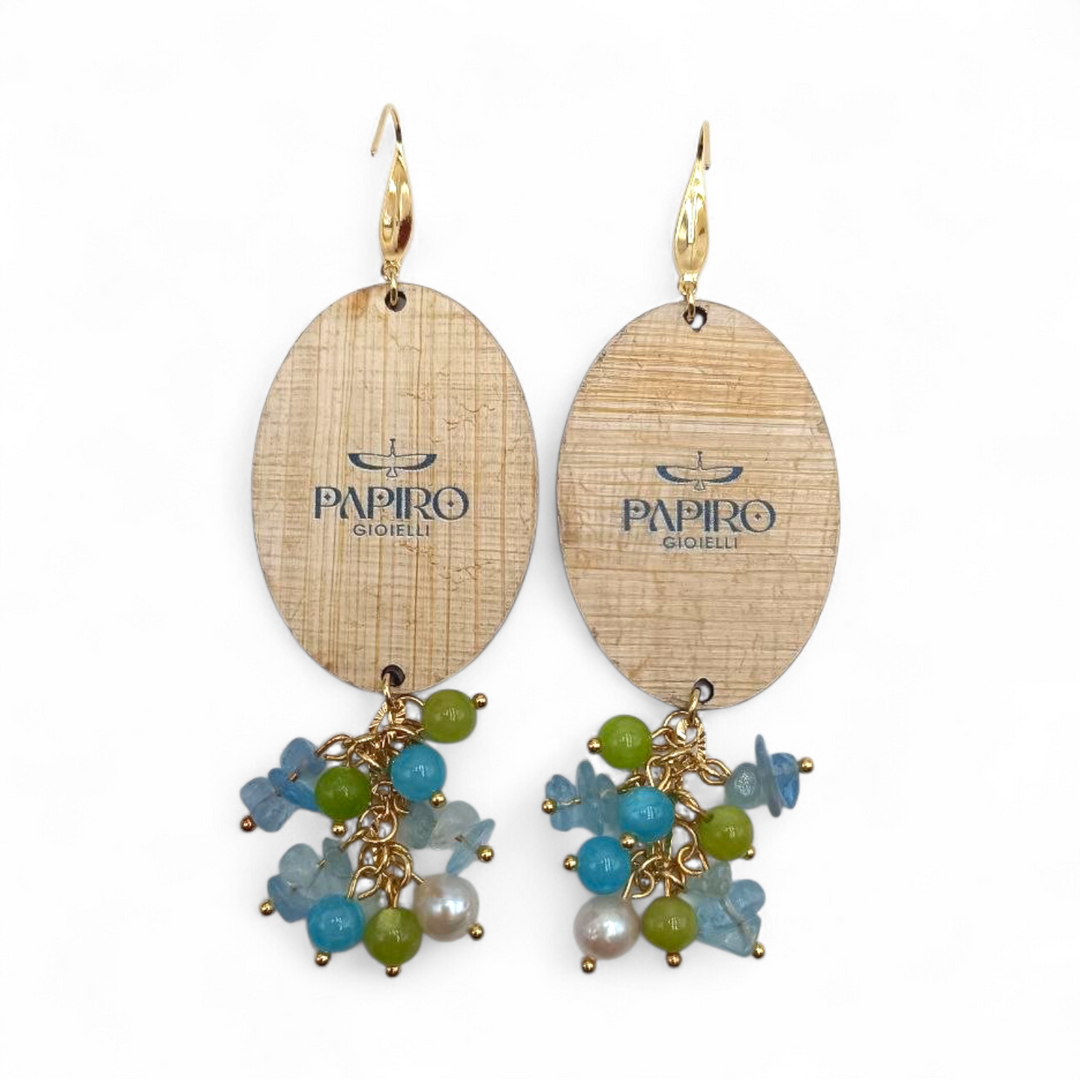 Fine Collezione- Orecchini Aretusa di Papiro con Perle di Fiume e Agate montanti in Argento Dorato