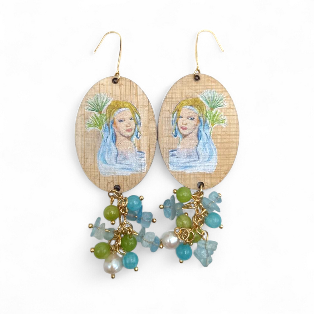 Fine Collezione- Orecchini Aretusa di Papiro con Perle di Fiume e Agate montanti in Argento Dorato