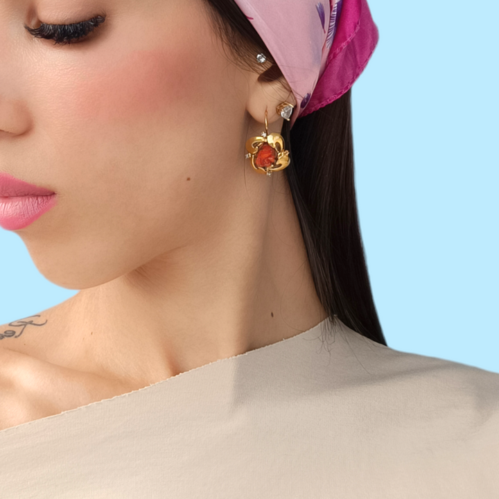Pink red coral earrings mounted on silver