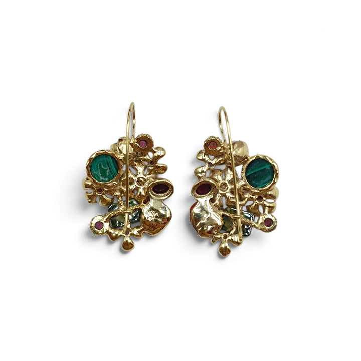 Orecchini Corallo, Perle, Malachite e Ametista montati in Bronzo