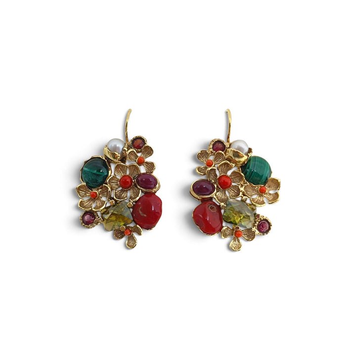 Orecchini Corallo, Perle, Malachite e Ametista montati in Bronzo