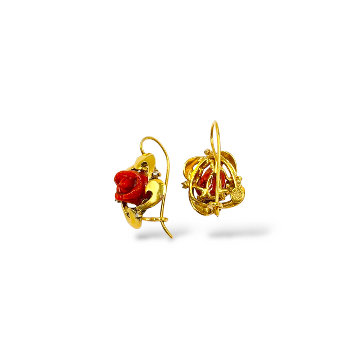 Pink red coral earrings mounted on silver