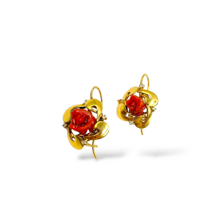 Pink red coral earrings mounted on silver