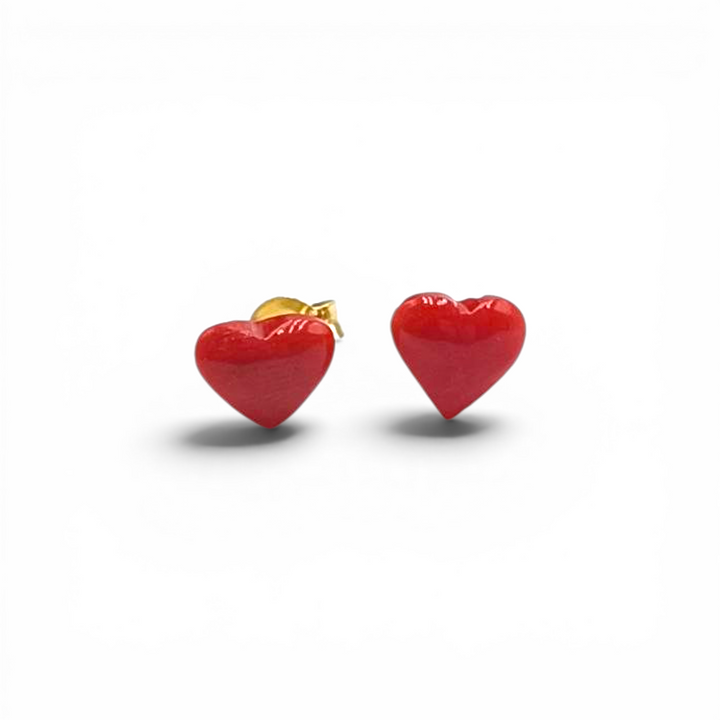 Orecchini Cuori di Corallo rosso montato in Argento Dorato