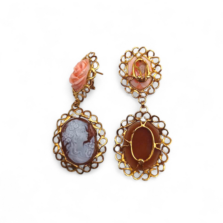 Orecchini Dama di Cammeo e Rosa di Corallo montati in Argento Dorato