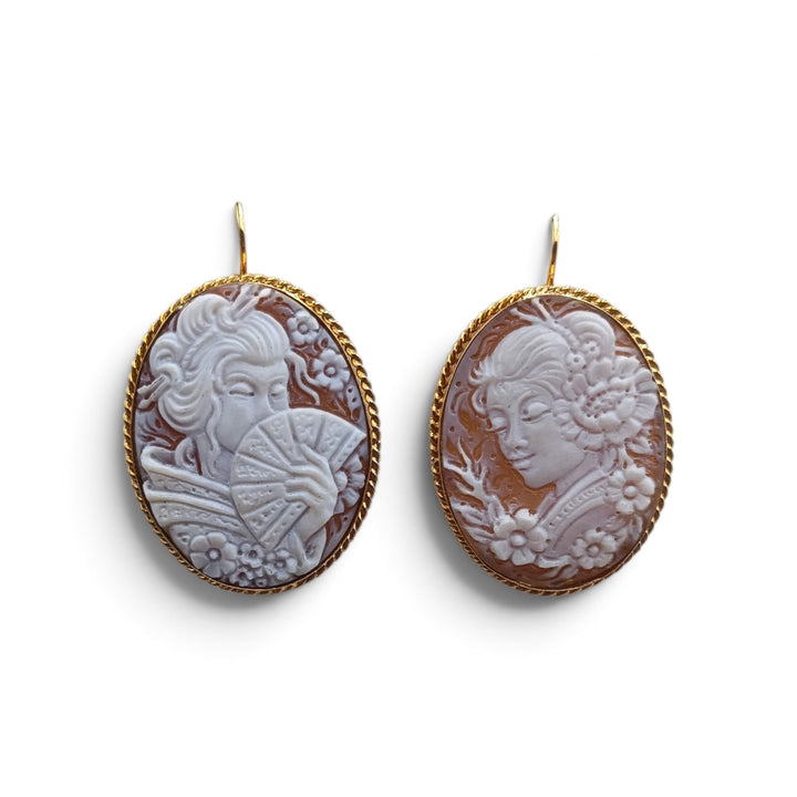 Orecchini Donne Samurai di Cammeo montati in Argento Dorato