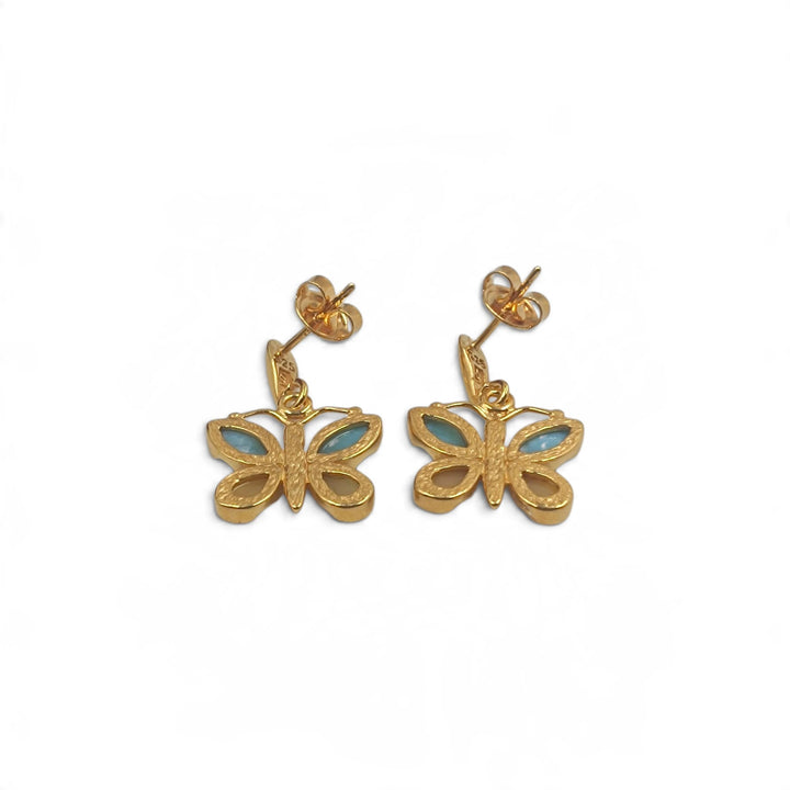 Orecchini Farfalle di Ambra e Larimar montati in Argento Dorato