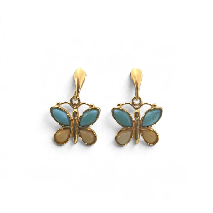 Orecchini Farfalle di Ambra e Larimar montati in Argento Dorato