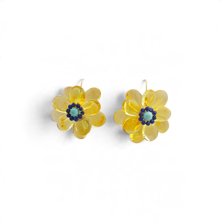 Orecchini Fiori di Ambra montati in Argento Dorato