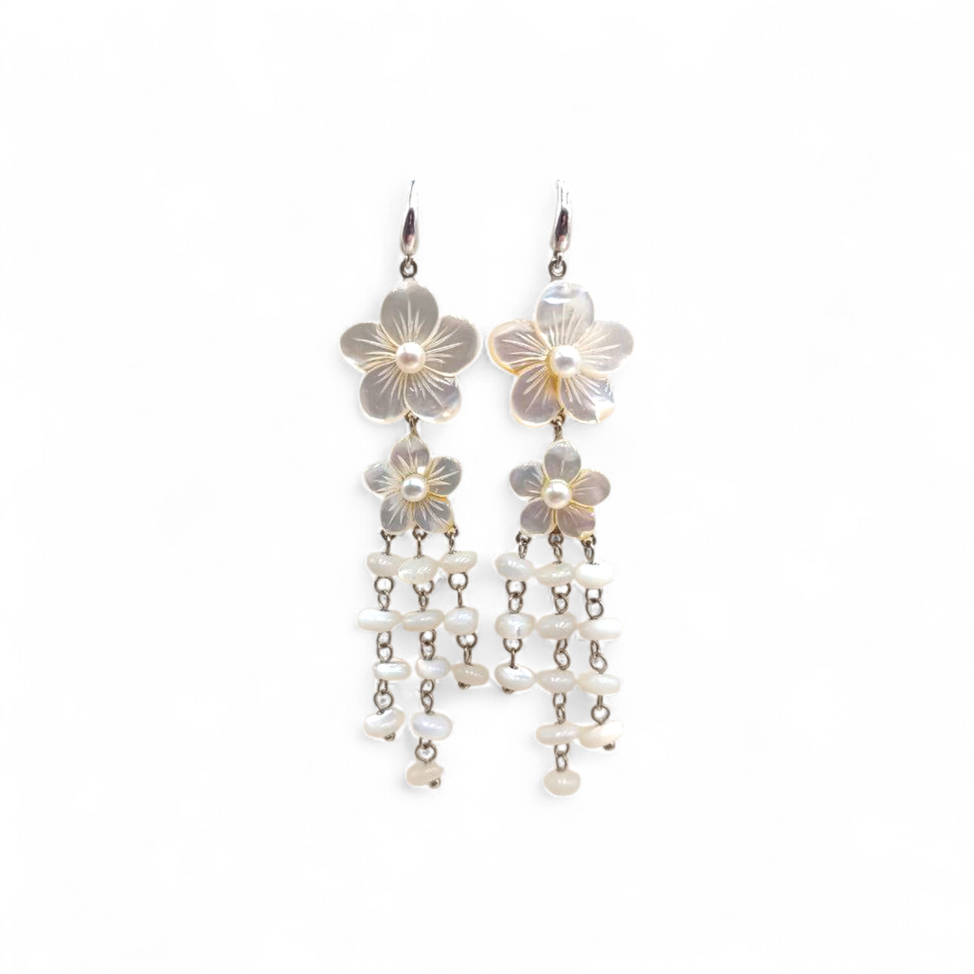 End of collection - mother-of-pearl flower cluster earrings set in silver