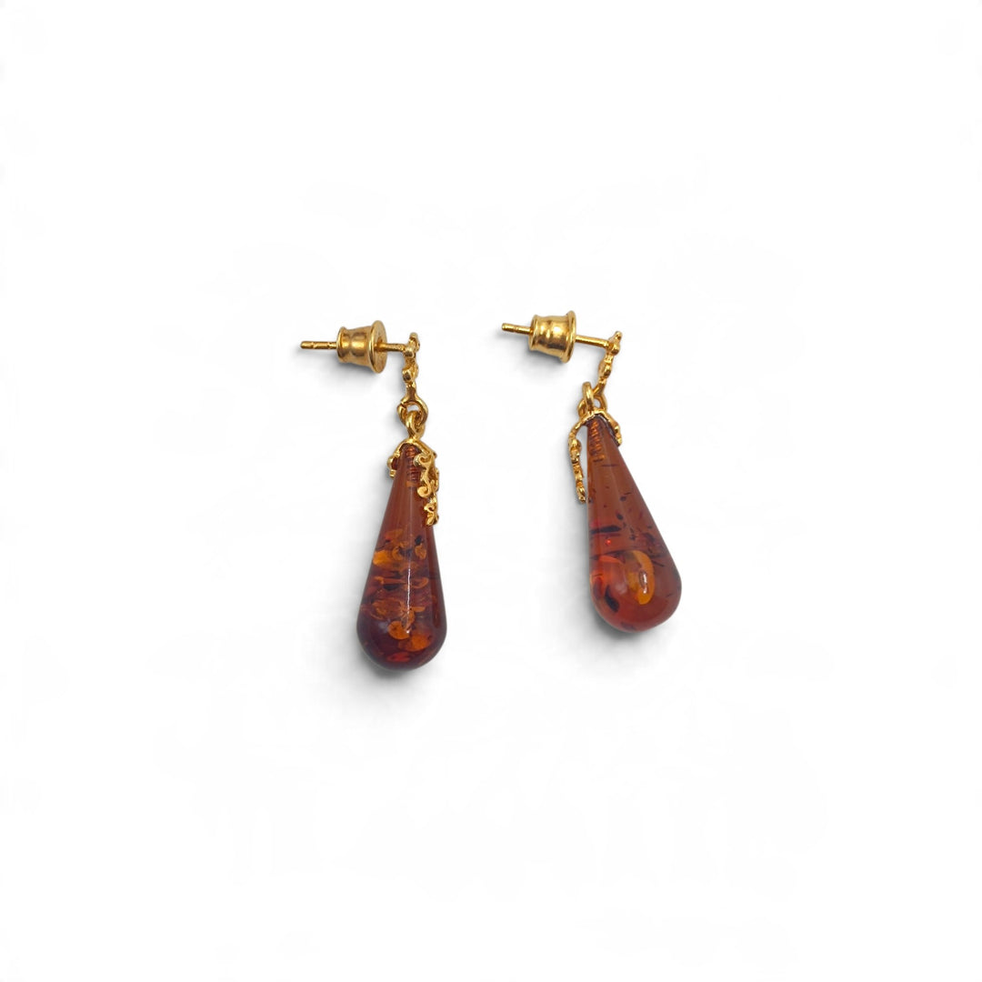 Orecchini Goccia di Ambra marrone montati in Argento Dorato