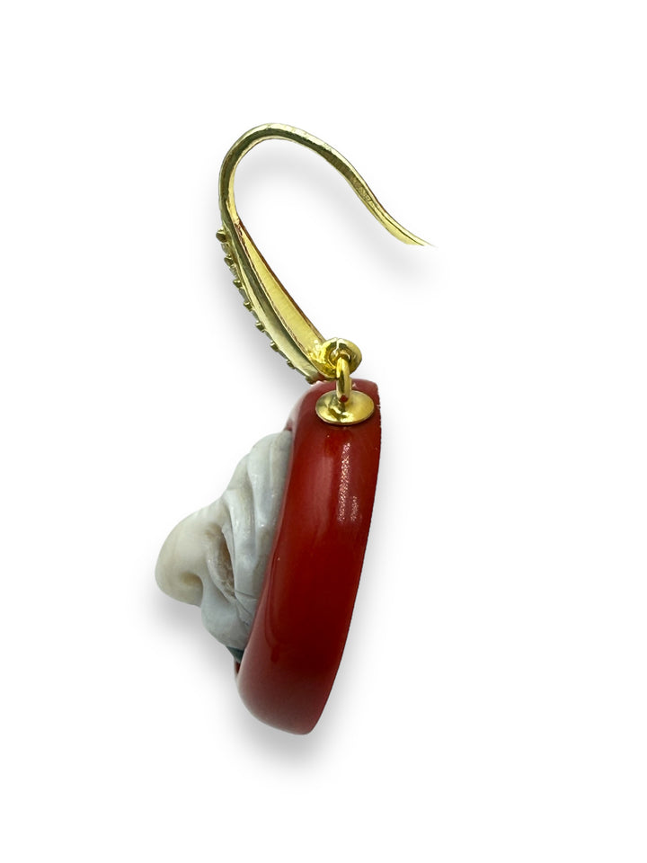 Neapolitan mask earrings in sardonic cameo mounted on red agate