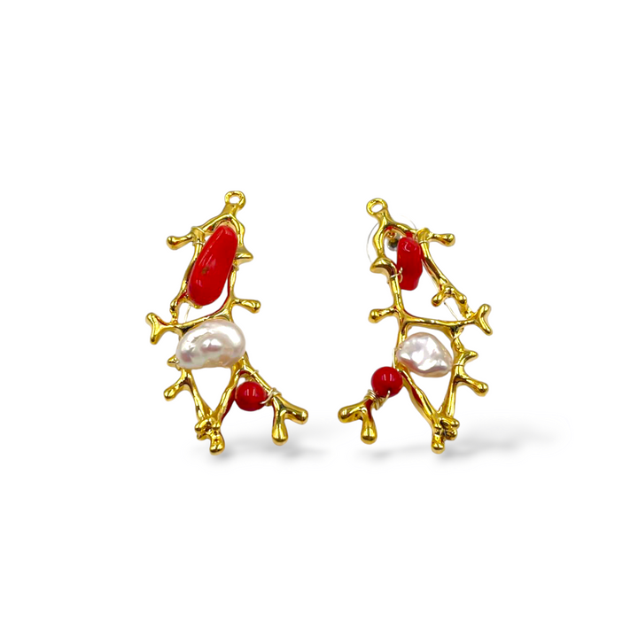 END OF COLLECTION - Bamboo coral and pearl branch earrings