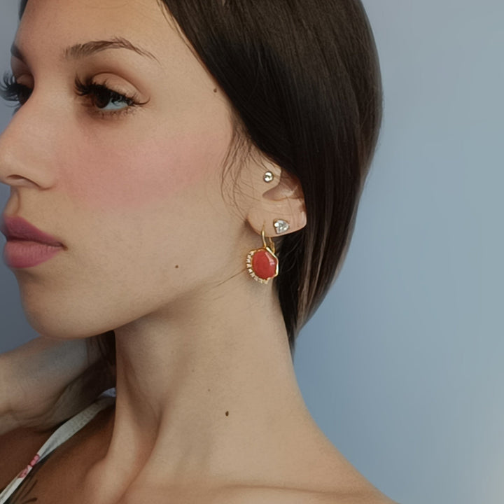 Coral stone earrings mounted in silver and zirconia
