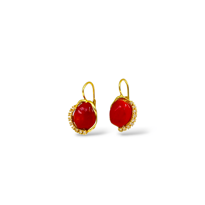 Coral stone earrings mounted in silver and zirconia