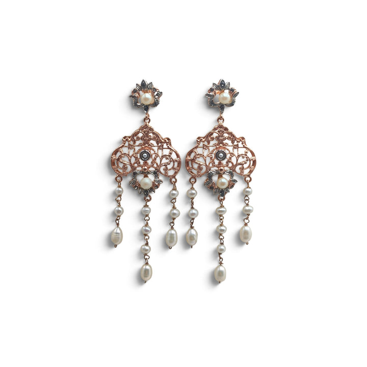 Orecchini Stile Antico con Perle e Swarovski montati in Argento Ramato