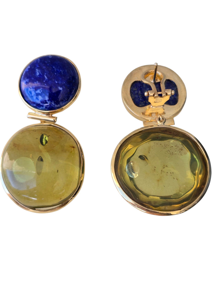 Amber and lapis earrings set in silver