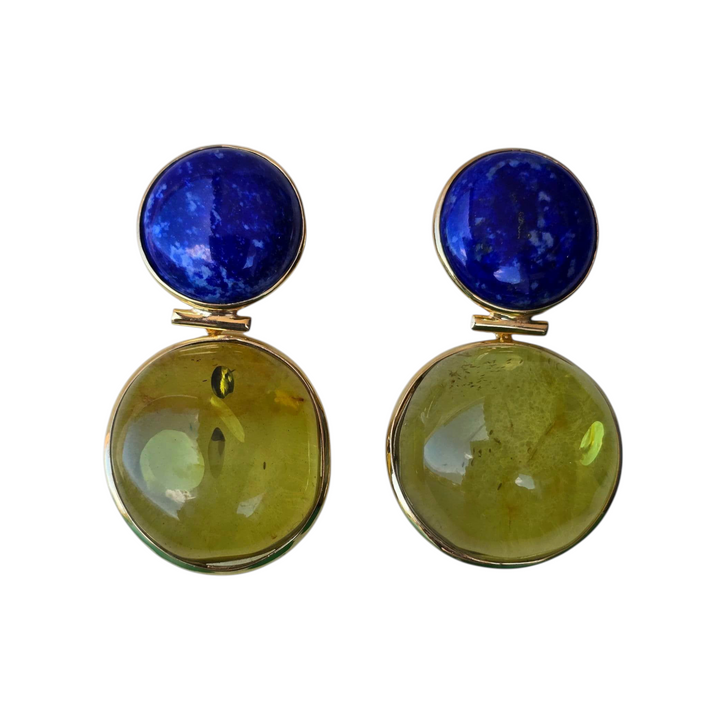 Amber and lapis earrings set in silver
