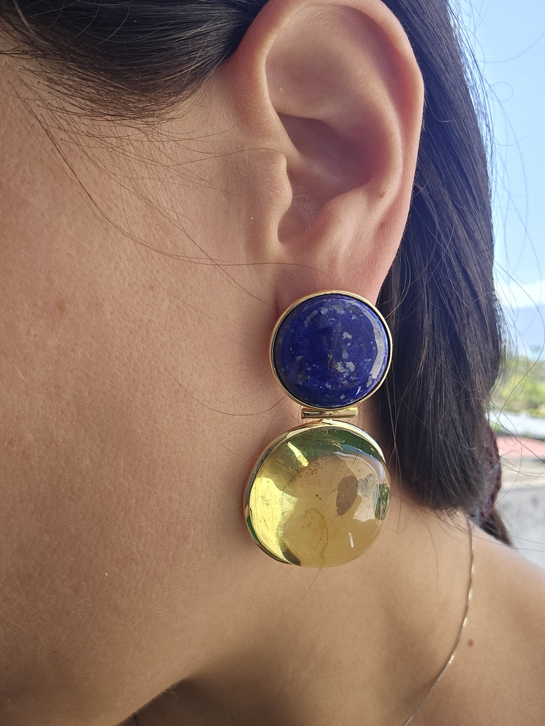 Amber and lapis earrings set in silver