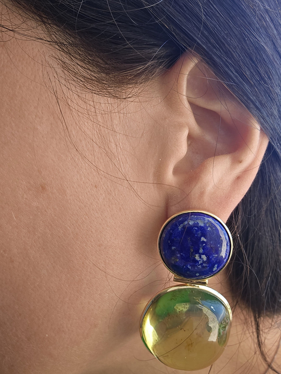 Amber and lapis earrings set in silver