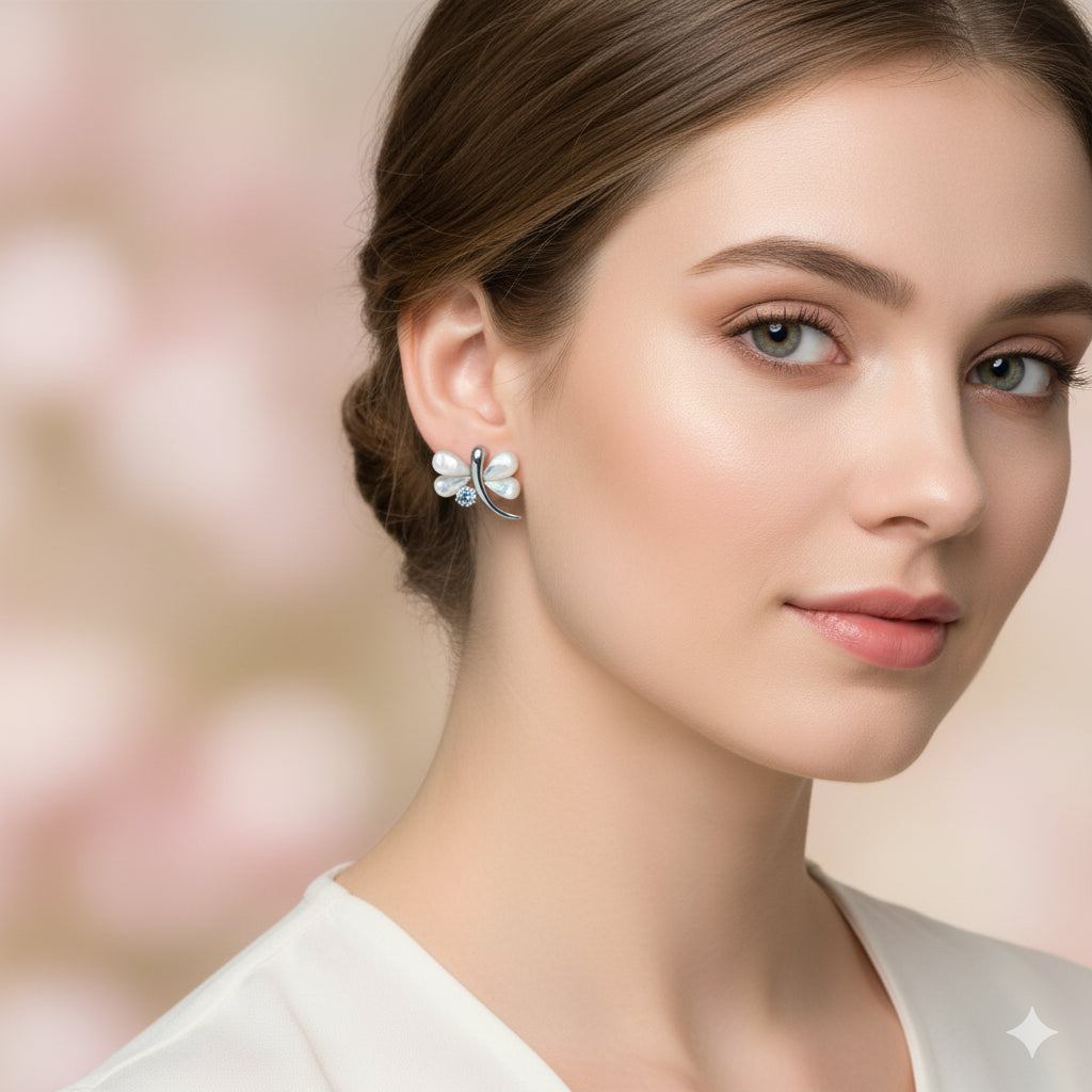 Mother-of-Pearl Butterfly Earrings, 925 Silver and Zircons