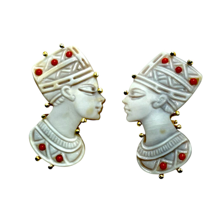 Nefertiti Cameo and Coral Earrings Set in Gold-Plated Silver